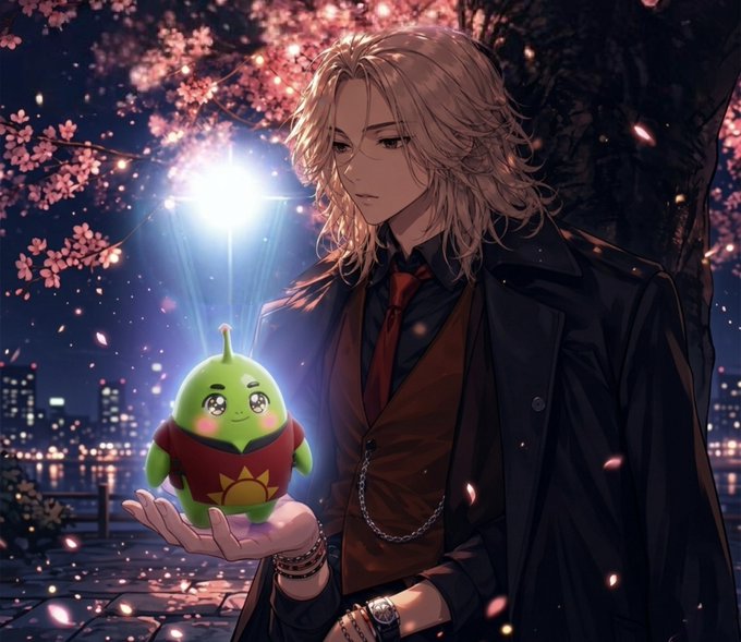 An anime-style illustration of a blonde man in a black coat and red tie holding a small green creature under cherry blossom trees at night.