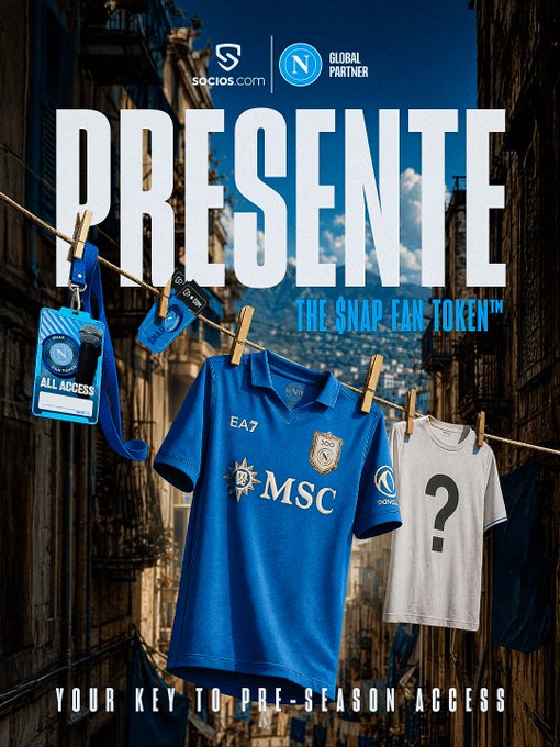 A promotional graphic for SSC Napoli featuring a blue team jersey with "EA7" and "MSC" branding hanging on a clothesline, alongside an "ALL ACCESS" lanyard and a mystery jersey with a "?". Bold text reads "PRESENTE THE $NAP FAN TOKEN™ — YOUR KEY TO PRE-SEASON ACCESS," with Socios.com branding at the top, promoting exclusive fan experiences like press conferences and voting via the fan token.