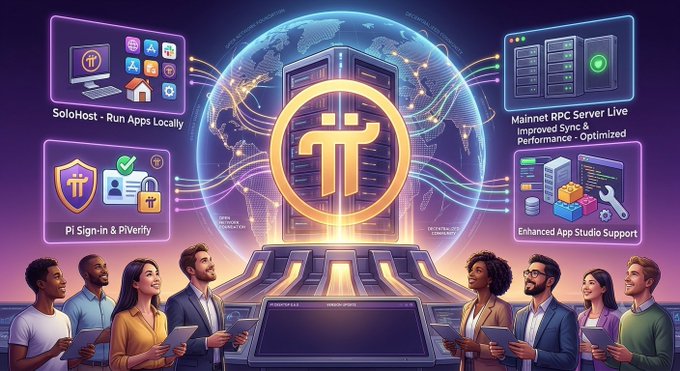 A colorful digital illustration promoting Pi Network, featuring a central logo surrounded by feature boxes like 'SoloHost - Run Apps Locally' and people holding devices.