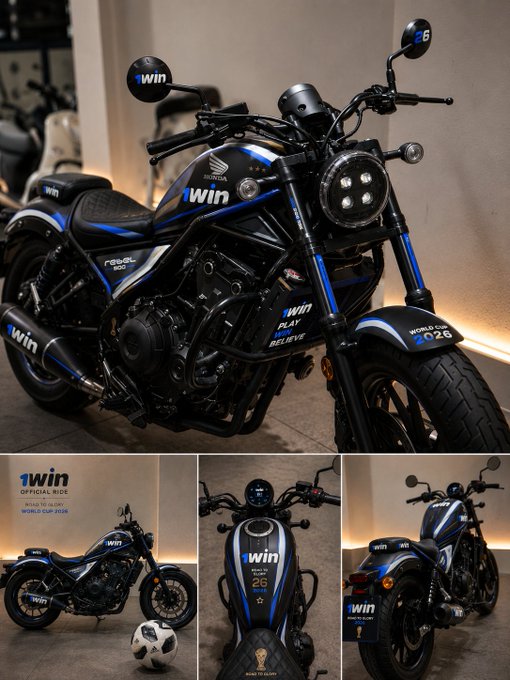 A Honda Rebel 1100 motorcycle customized as the official ride for the 1win brand, featuring black and blue livery with 'WIN,' '1WIN,' and 'WORLD CUP 2026' branding, displayed from multiple angles with a World Cup trophy replica.