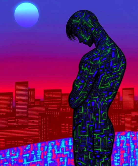 A digital artwork of a male figure with a downward gaze, his body covered in glowing blue and green circuit board patterns, silhouetted against a vibrant purple and red cyberpunk cityscape with a blue moon.