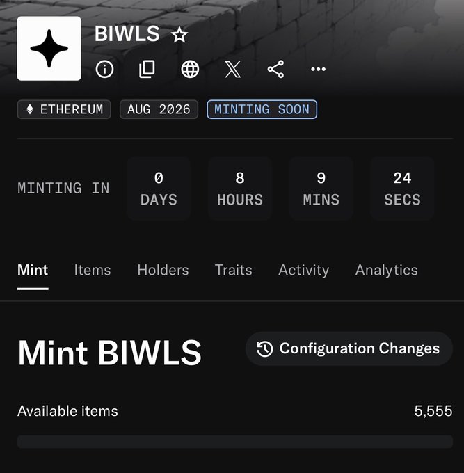 A dark-themed NFT minting page for 'BIWLS' on Ethereum, showing 'MINTING SOON' status with a countdown of 0 days, 8 hours, 9 minutes, 24 seconds, and 5,555 available items.