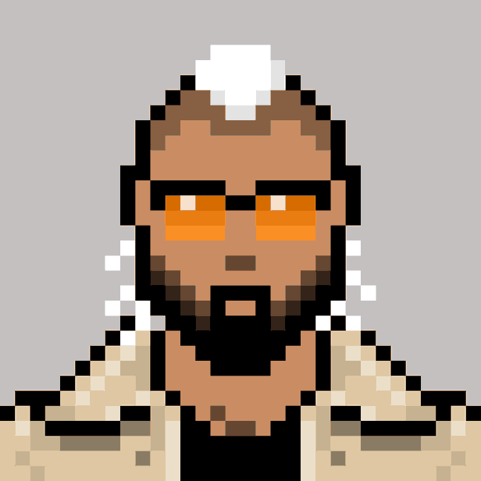 A pixel art portrait of a bearded man with white hair on top, wearing orange-tinted sunglasses and a beige jacket against a gray background.
