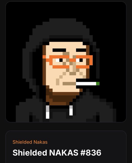 A pixel art portrait labeled 'Shielded NAKAS #836' depicting a man with glasses smoking a cigarette against a black background.