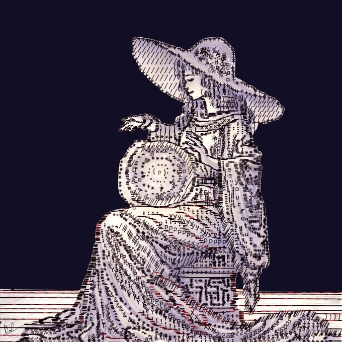ASCII art-style illustration of a seated figure wearing a wide-brimmed hat and an elaborate gown, holding what appears to be an embroidery hoop, rendered in white and purple on a dark background.