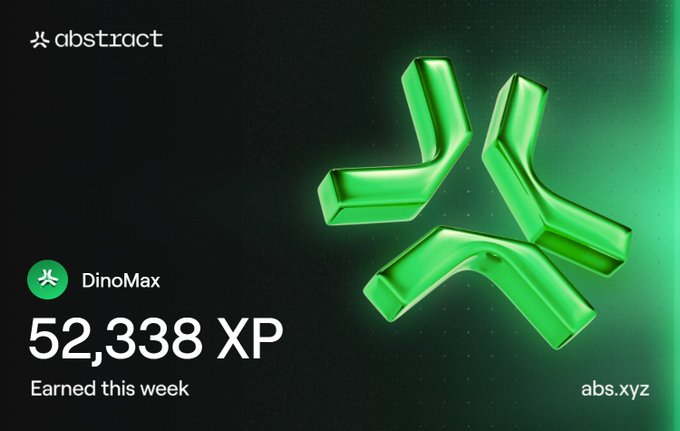 A dark graphic for "abstract" showing a green 3D geometric star logo, with "DinoMax 52,338 XP Earned this week" and the URL "abs.xyz".