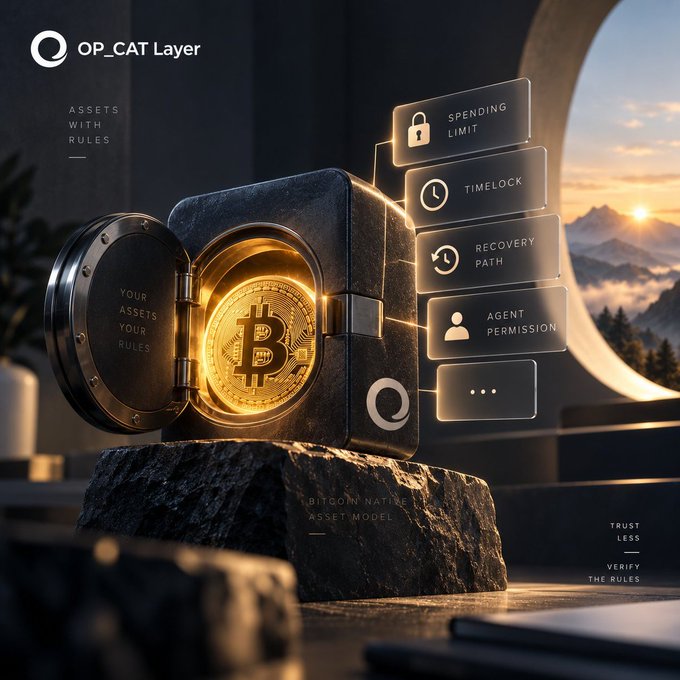 The image features a glowing Bitcoin coin inside an open vault, branded with "OP_CAT Layer" and the tagline "ASSETS WITH RULES," alongside floating panels listing "SPENDING LIMIT," "TIMELOCK," "RECOVERY PATH," and "AGENT PERMISSION," visually reinforcing the post's message that true self-custody evolves beyond holding private keys to embedding programmable rules directly into the asset itself.