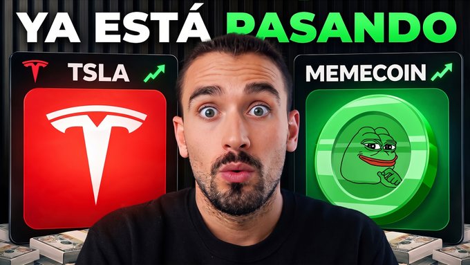 A YouTube thumbnail shows a man with a surprised expression in front of graphics for "TSLA" (Tesla) and "MEMECOIN" (featuring the Pepe the Frog character), with the text "YA ESTÁ PASANDO" at the top.