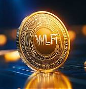 A close-up 3D rendering of a gold WLFI cryptocurrency coin displayed on a reflective surface.