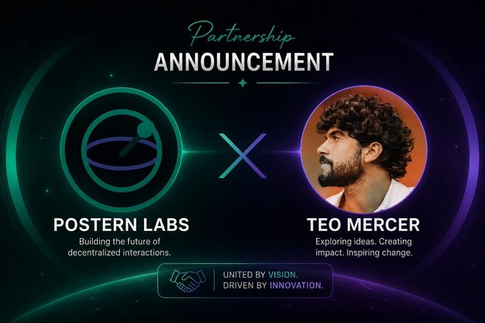 A partnership announcement graphic featuring Postern Labs ("Building the future of decentralized interactions") and Teo Mercer ("Exploring ideas. Creating impact. Inspiring change.") with the tagline "UNITED BY VISION, DRIVEN BY INNOVATION."