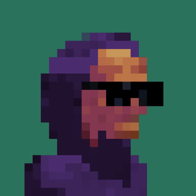 A pixel art style portrait of a person wearing a purple hooded garment and dark sunglasses against a green background.