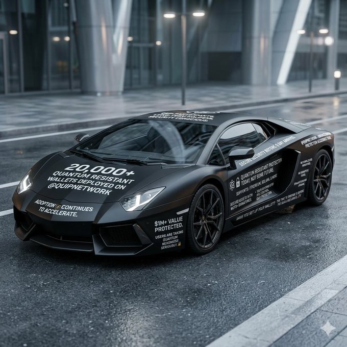 The image features a black sports car with a "Quantum Resistant" sticker on its side, parked on a street next to a building. The car has a "20,000+" tag on it, indicating that it has already been deployed in various Ethereum projects and is now being used by users for their security needs. The post highlights the impressive capabilities of Quip's quantum resistant wallets and emphasizes how they are making a significant impact across different blockchain platforms like Ethereum and Solana.