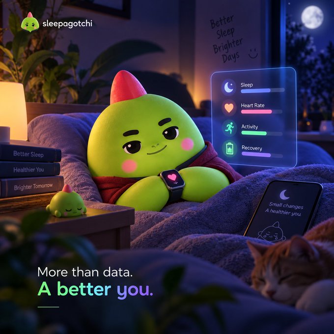 Advertisement for "sleepagotchi" featuring a green character with a red horn in bed, with a smartwatch displaying health metrics including Sleep, Heart Rate, Activity, and Recovery, alongside the tagline "More than data. A better you."