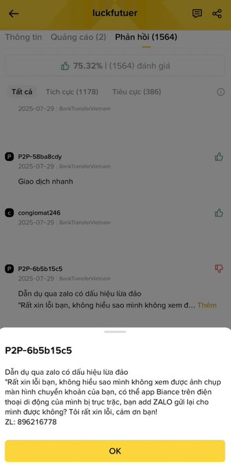 A mobile app screenshot showing Vietnamese customer reviews for 'luckfutu er' with a 75.32% rating, where one review labeled P2P-6b5b15c5 warns of a scam and mentions adding ZALO.