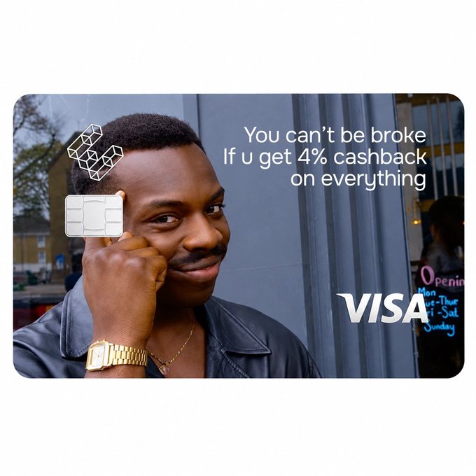 A young man in a leather jacket holds a Visa card to his temple with a smirking expression, alongside the caption "You can't be broke If u get 4% cashback on everything." The image humorously mocks a simplistic Visa marketing pitch—suggesting the intern's design relies on a laughably flawed financial "logic" that 4% cashback prevents bankruptcy, making it unfit for approval.