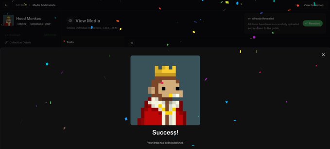 A dark-themed website interface with confetti animation showing a 'Success!' message after publishing a pixel art monkey wearing a crown and royal robe, with the username 'Hood Monkez'.