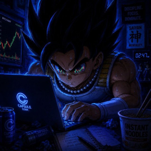 An anime-style illustration of a Saiyan character (resembling Vegeta) intensely trading cryptocurrency on a Capsule Corp. laptop, with BTC/USDT charts reflected in his eyes and motivational text 'DISCIPLINE. FOCUS. DOMINATE.' and 'SAIYAN MENTALITY' on the wall.