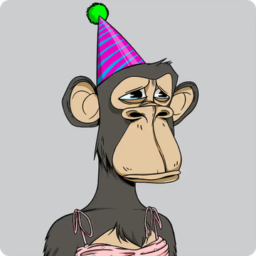 A cartoon NFT-style illustration of a sad monkey wearing a colorful striped party hat and a pink bikini top against a gray background.
