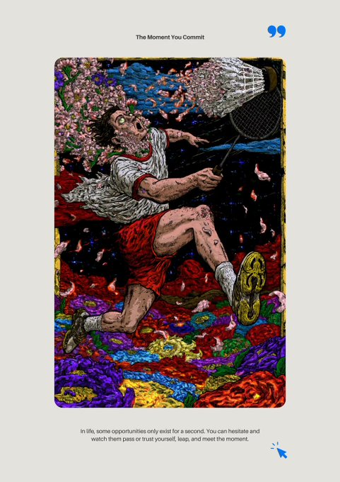 An artistic illustration titled 'The Moment You Commit' depicts a person leaping with a butterfly net among cherry blossoms, with text below reading about seizing fleeting opportunities.