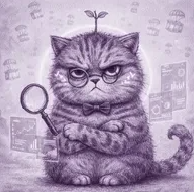 A pencil-drawn illustration of a serious, bespectacled cat wearing a bow tie and holding a magnifying glass, surrounded by charts and graphs, symbolizing investigative scrutiny into the NFT market. The detective cat imagery playfully reinforces the post's speculative tone about potential big moves in Robinhood's recent NFT activity.