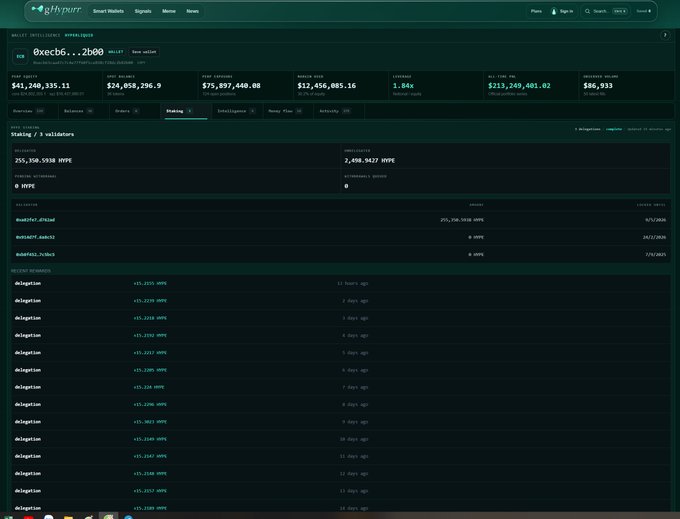 A screenshot of the Eightypurr Smart Wallets interface showing wallet '0xecb6...2b60' with balances in BTC ($41,240,335.11), ETH ($24,858,296.9), and stablecoins, displaying 1.84x leverage and staking/validator information for RUNE and AVAX.