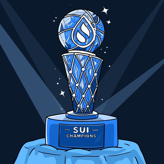 A blue basketball championship trophy labeled "SUI CHAMPIONS" sits on a draped pedestal, visually echoing the post's confidence that $SUI will win.