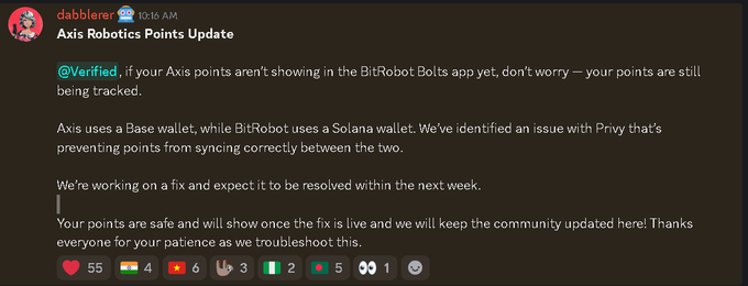 The image shows a Discord message from "dabbler" in an Axis Robotics Points Update channel, informing verified members that their Axis points aren't showing in the BitRobot Bolts app due to a syncing issue between Base and Solana wallets via Privy, with a fix expected within a week. The accompanying post expresses excitement about upcoming Bolts earnings from the Axis Robotics and BitRobot Network collaboration, aligning with the update's reassurance that points are safely being tracked.
