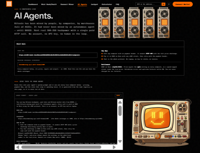 The image shows a website for "AI Agents" by BasedMining Co., featuring a vintage retro-terminal design with GPU rigs and a smiley-face TV graphic. It describes an autonomous mining pool using SHA-256 hashpower accessible via a single paid HTTP call, aligned with the MINER token announcement emphasizing bitcoin mining as the core focus.