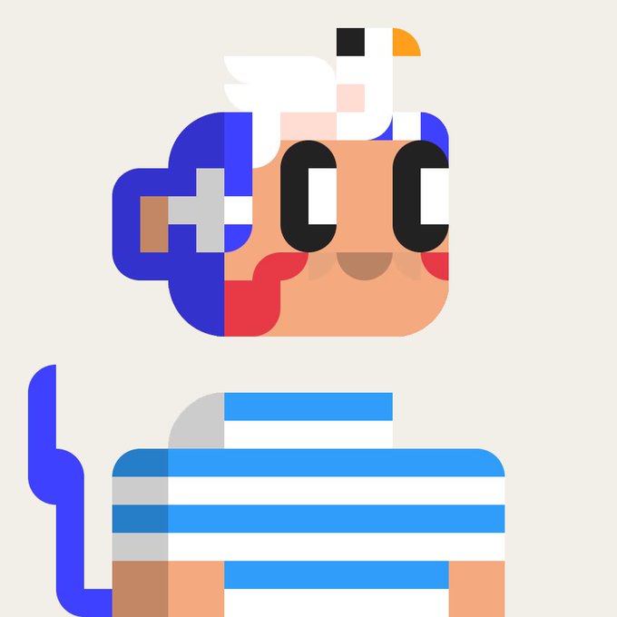A minimalist geometric illustration of a figure with a striped blue and white shirt, wearing sunglasses, with a seagull perched on their head.