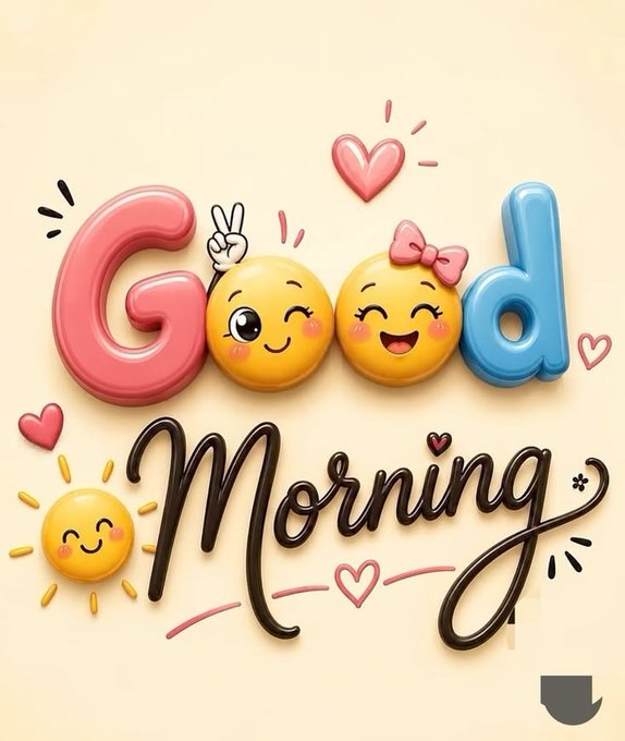 A cheerful 3D-style graphic reads 'Good Morning' with smiling emoji characters, hearts, and a sun illustration on a cream background.