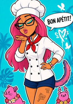 A cartoon depicts a pink-haired chef blowing a kiss with the phrase 'BON APPÉTIT!' in a speech bubble, surrounded by tropical leaves, butterflies, and small smiles at her feet.