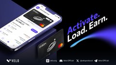 A promotional graphic showcases a smartphone displaying the Velo x Zebec card interface alongside its sleek black physical card, with the tagline "Activate. Load. Earn." and references to Velo, Zebec, and Orbit Plus, visually reinforcing the post's announcement that users can now sign up, load 50 USDC, and earn $10 in rewards as part of a limited first-500 promotion.