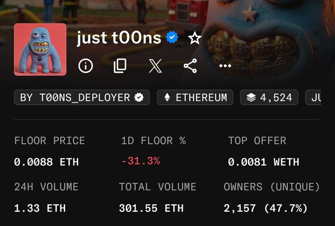 A screenshot of a NFT marketplace page showing the collection 'just t00Ns' with a floor price of 0.0088 ETH, a top offer of 0.0081 WETH, 24H volume of 1.33 ETH, and 2,157 unique owners.