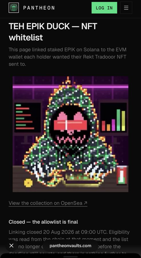 A screenshot of Pantheon's website showing the 'TEH EPIK DUCK — NFT whitelist' page, featuring pixel art of a hooded character with pink sunglasses, noting the allowlist is closed as of 20 Aug 2026.