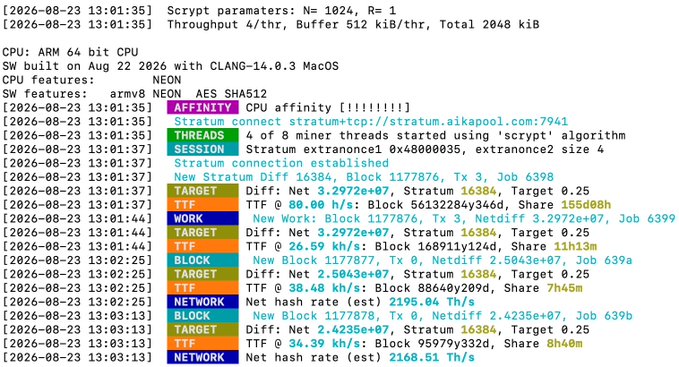 A terminal window displaying scrypt mining parameters and statistics, including timestamps from 2026-08-23, CPU information, and target/diff values.