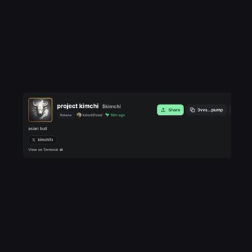 The image displays a Solana token profile for "project kimchi" with the ticker $kimchi, showing a 1000% increase, $10K market cap, and a "pump" button, directly visualizing the newly launched token mentioned in the breaking news about the trader Kimchi's developments.