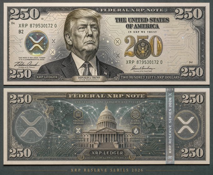 A $250 Federal XRP Note, which is commemorating the 250th anniversary of America's independence, has caught the attention of some people due to various rumors. These include speculations about its authenticity or even suggestions that the note might be fake, though no concrete evidence has been provided yet. The post seems to be sharing this information and possibly offering a humorous take on the situation by linking it to a meme.