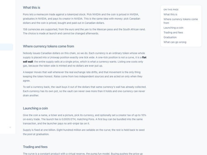 A documentation webpage explaining how a platform called Pons works, with sections titled 'What this is', 'Where currency tokens come from', 'Launching a coin', and 'Trading and fees'.