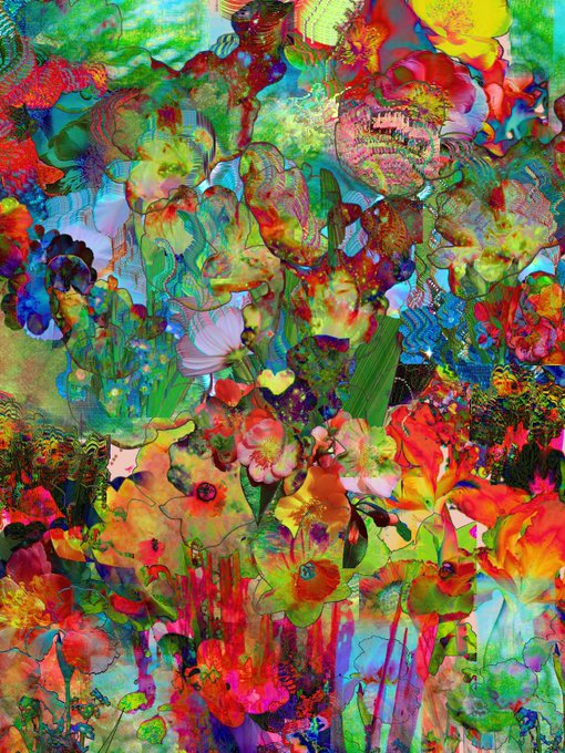 Vibrant abstract floral painting filled with red, yellow, green, and blue flowers and foliage.