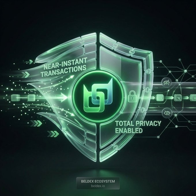 A dark-themed promotional graphic for the Beldex Ecosystem showing a green digital shield with 'NEAR-INSTANT TRANSACTIONS' and 'TOTAL PRIVACY ENABLED' text, branded with beldex.io.