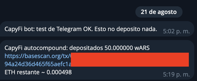 A Telegram chat screenshot dated August 21 showing a CapyFi bot test message at 5:02 p.m. followed by an autocompound notification at 5:19 p.m. confirming the successful deposit of 50 wARS tokens (with the transaction hash partially redacted) and 0.000498 ETH remaining in the wallet—illustrating the workaround the poster found to auto-compound their CapyFi $wARS yield rewards.
