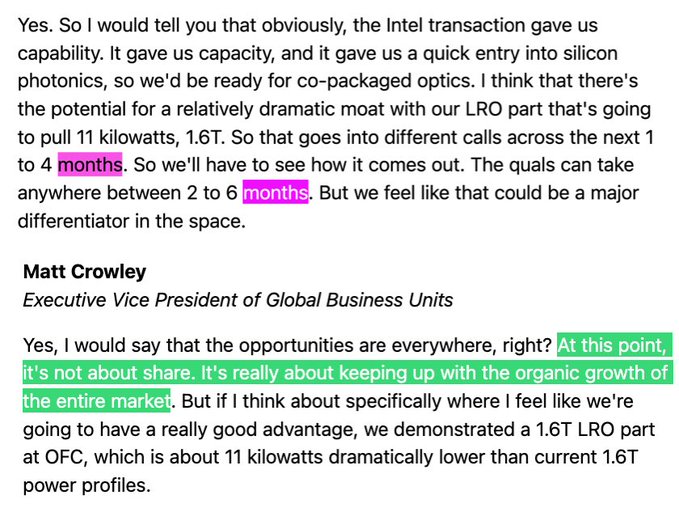 The image shows a screenshot of an email conversation between Matt Crowley, the Executive Vice President of Global Business Units at Intel, and someone named "yes" who has raised $500M for volume ramping. The email contains text that discusses the current state of the semiconductor market and Intel's plans to increase production capacity in the next six months.