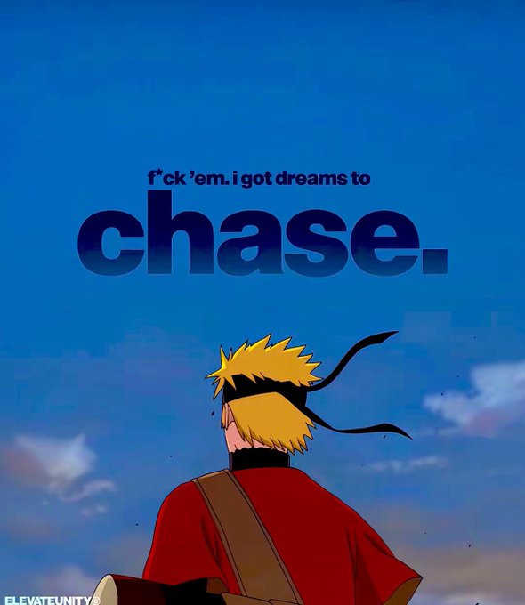 An anime character with spiky blonde hair and a black headband stands facing a vast blue sky, overlaid with the bold text "f*ck 'em. i got dreams to chase." The image evokes a determined, rebellious spirit of pursuing one's ambitions, mirroring the post's message about chasing innovation and connected opportunities in the USD1-powered economy.