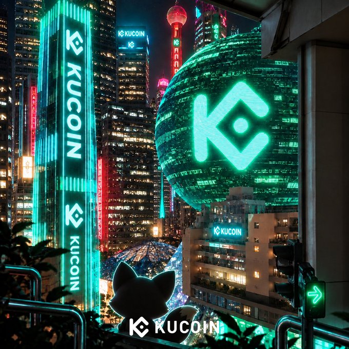 A cyberpunk cityscape at night features glowing neon KuCoin logos, including a large "K" emblem on a spherical building and "KUCOIN" signage on surrounding skyscrapers, with the official #KuKuUniverse hashtag displayed below. The image promotes KuCoin's "Hack the Grid" social media campaign, encouraging users to share their creative KuKu badges for a chance to win prizes in a lucky draw.