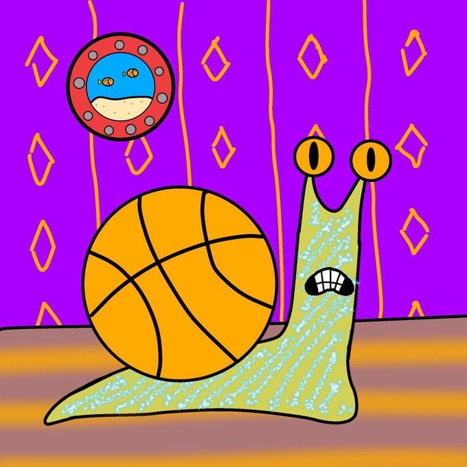 A cartoon drawing of a green snail with a basketball shell, featuring eyes on stalks and a worried expression, on a purple background with yellow patterns and a porthole.