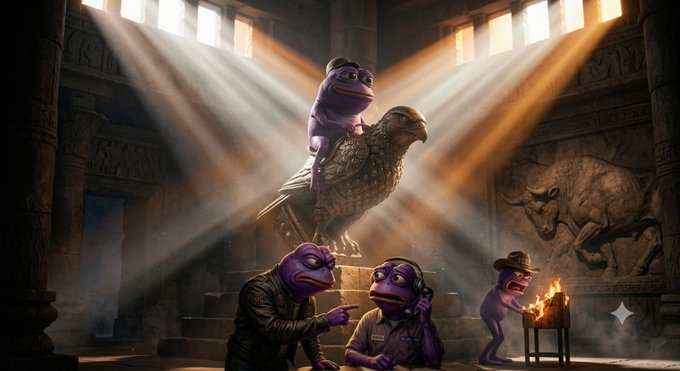 An AI-generated image of purple Pepe frogs in an ancient Egyptian temple setting, featuring one perched on a hawk statue while others below wear sunglasses and discuss around a fire.