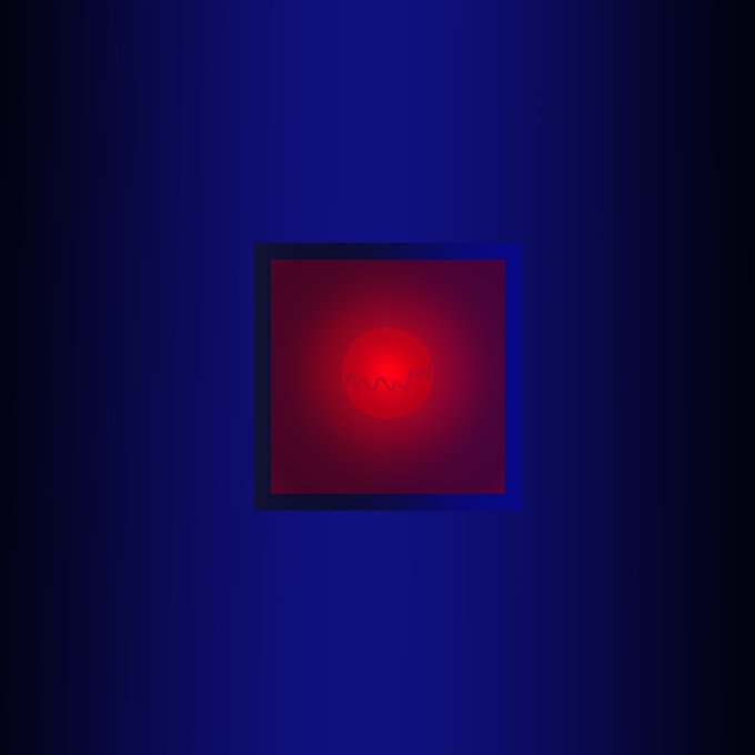 A dark blue square with a small red circle in the center containing the faint text 'ON'.