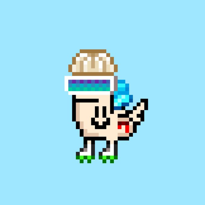 A pixel art character wearing a straw hat and futuristic blue visor, holding a blue crystal-like object against a light blue background.