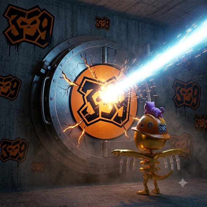 A 3D rendered golden character with a hard hat standing before a glowing vault door marked with a shield logo being hit by a bright blue energy beam.
