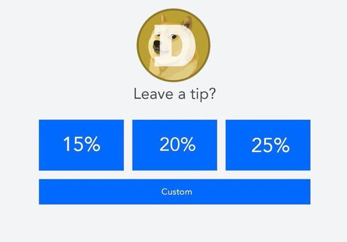 A tipping interface displays the Dogecoin ($DOGE) logo featuring the Shiba Inu mascot alongside preset tip options of 15%, 20%, and 25%, with a custom amount button below. The image ties into the post's theme of celebrating Taco Tuesday by offering crypto-based tipping in Dogecoin.